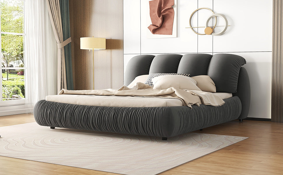 King Size Luxury Upholstered Bed with Thick Headboard, Velvet King Bed with Oversized Padded Backrest, Gray(Expect Arrive date 2024/3/15)