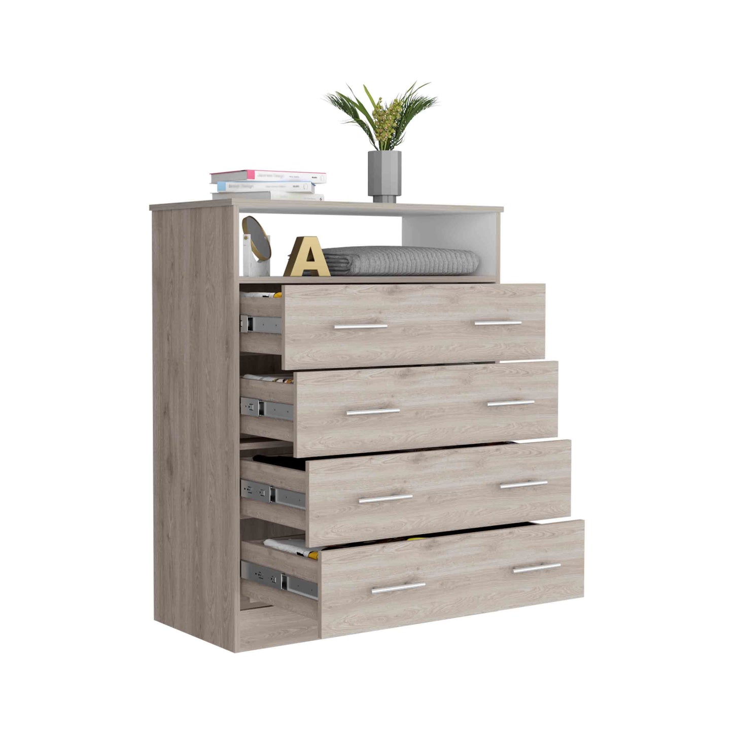 Peru L Four Drawer Dresser, Superior Top, One Open Shelf -Light Gray / White