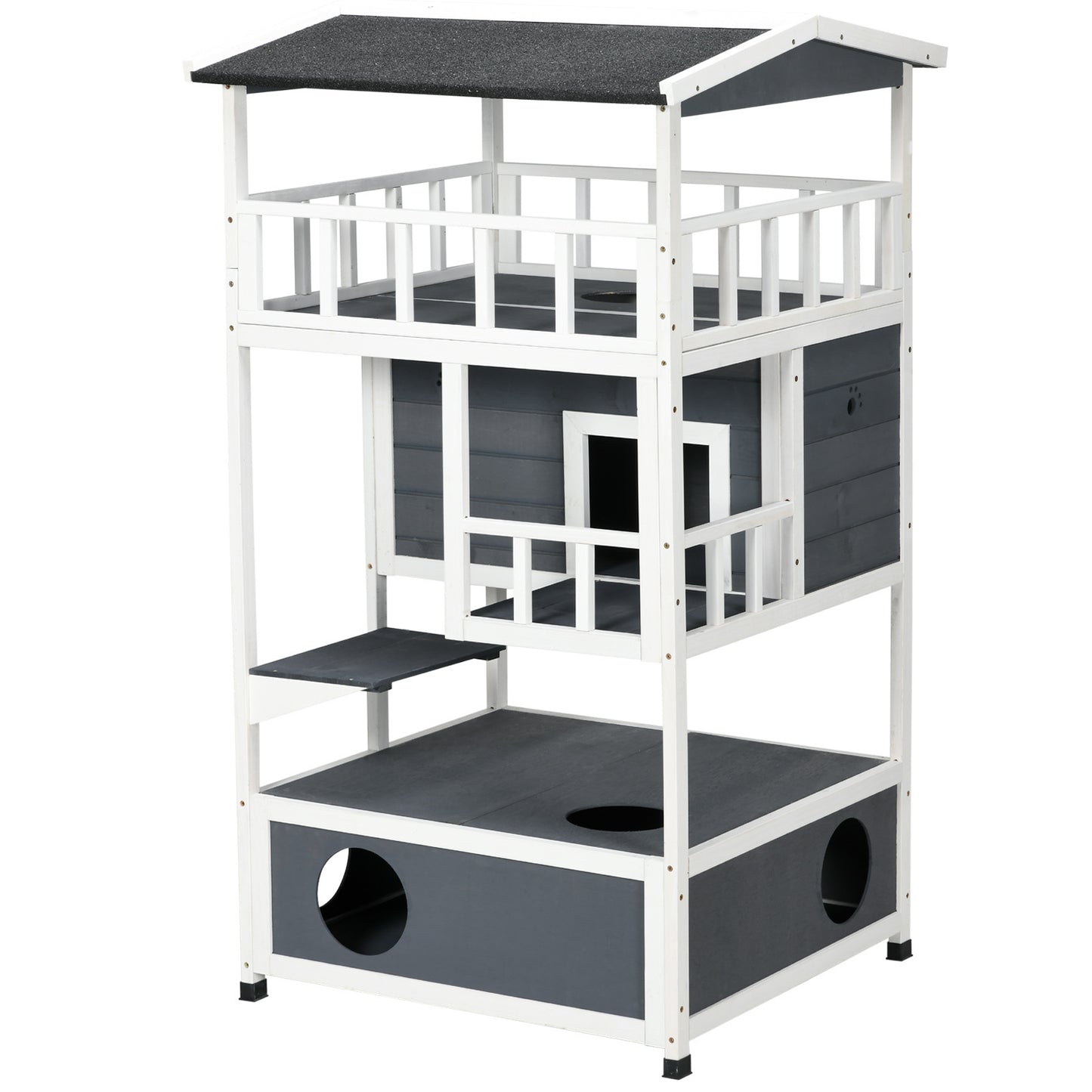 PawHut Wooden Outdoor Cat House, Feral Cat Shelter Kitten Tree with Asphalt Roof, Escape Doors, Condo, Jumping Platform, Grey