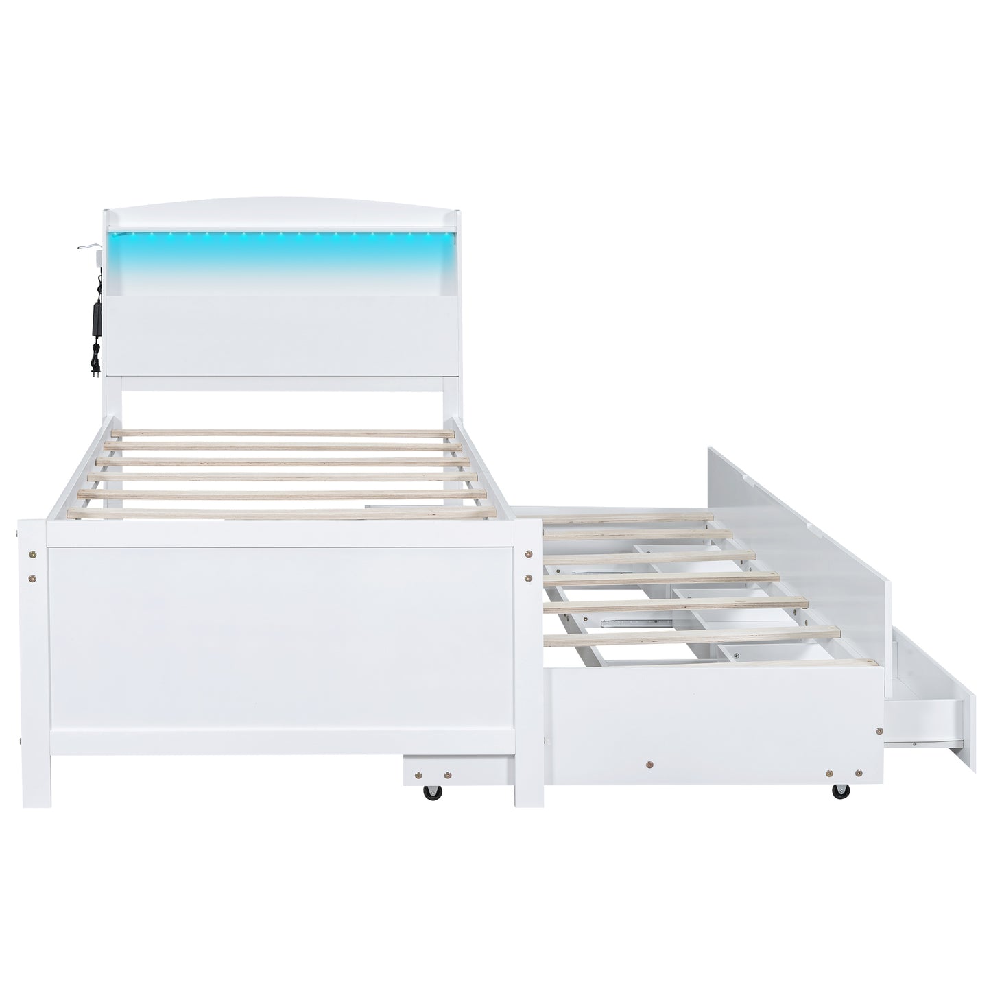 Twin Size Platform Bed with Storage LED Headboard, Twin Size Trundle and 3 Drawers, White