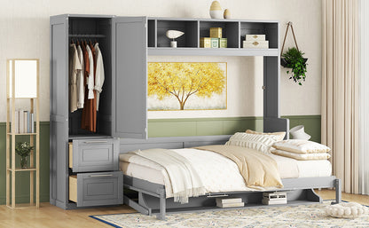 Queen Size Murphy Bed Wall Bed with Closet and Drawers,Gray