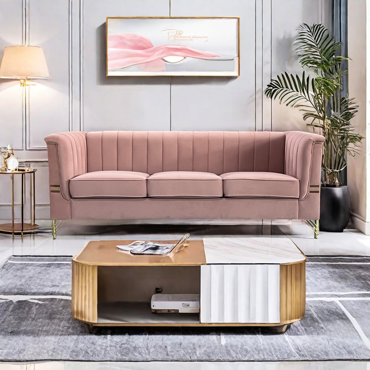 FX-P82-PK(SOFA)-Modern Designs Velvet Upholstered Living Room Sofa, 3 Seat Sofa Couch with  Golden Metal Legs for Home, Apartment or Office  Pink SOFA