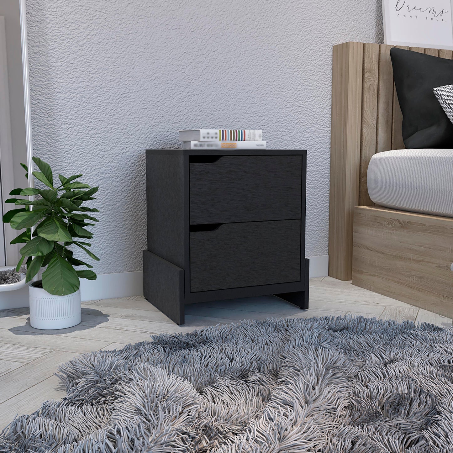 Nightstand with 2-Drawers, End Table with Sturdy Base, Black