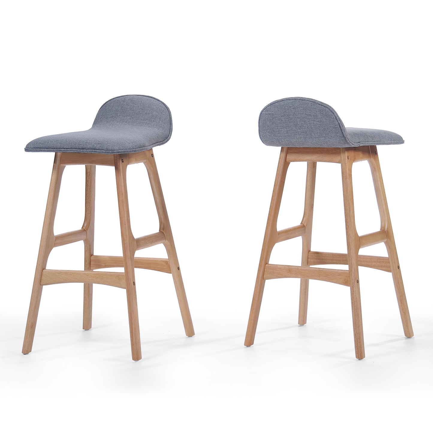 28.5" Mid-Century Modern Upholstered Low Back Barstools (Set of 2), Gray, Natural Oak Finish