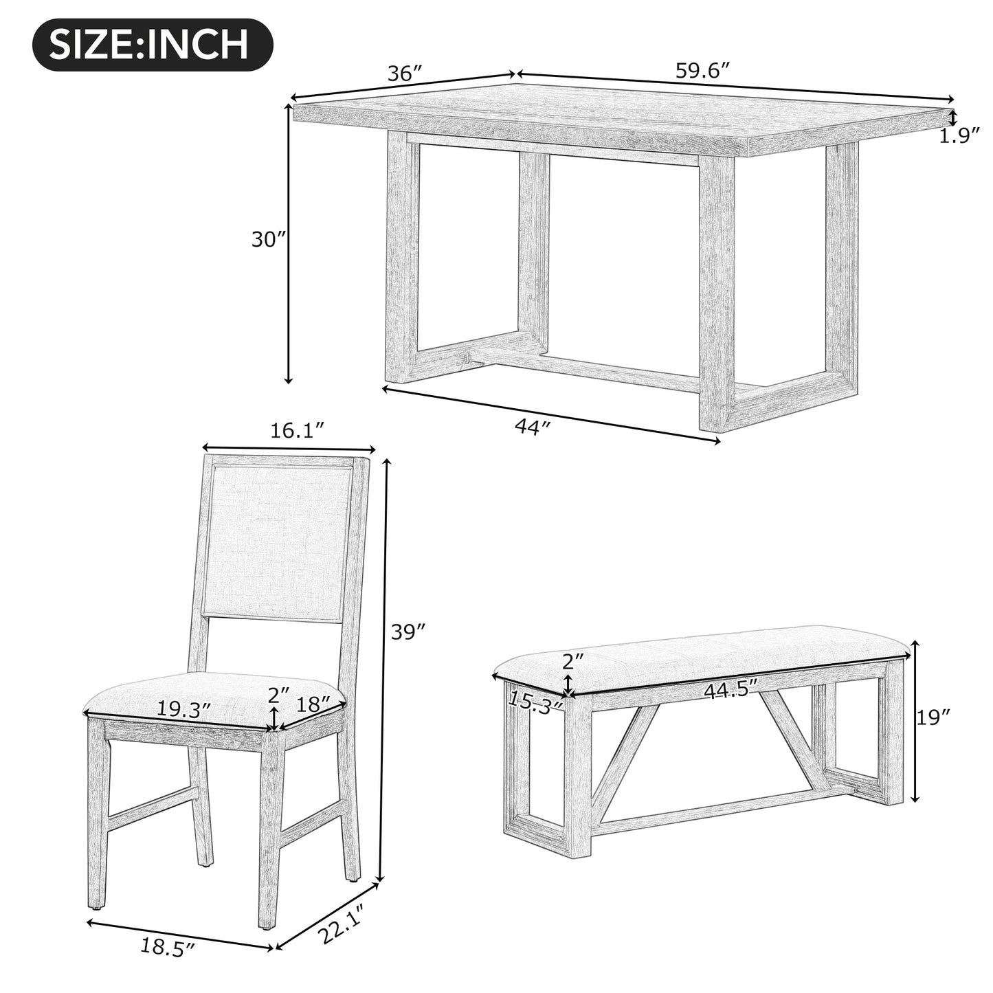 TREXM 6-Piece Retro Dining Set, 1 Rectangular Table with Designed Trestle Base and 4 Upholstered Chairs and 1 Bench for Dining Room and Kitchen (Natural)