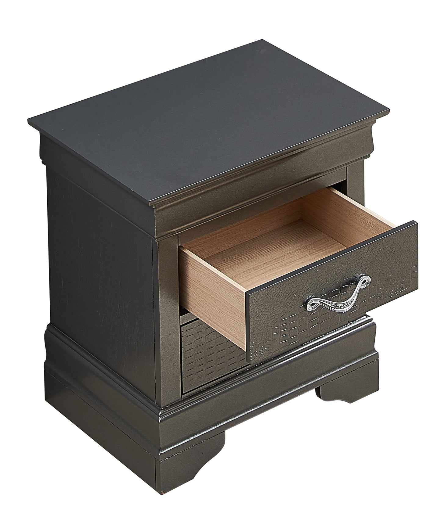 Sleek Metallic Black Nightstand With Drawers
