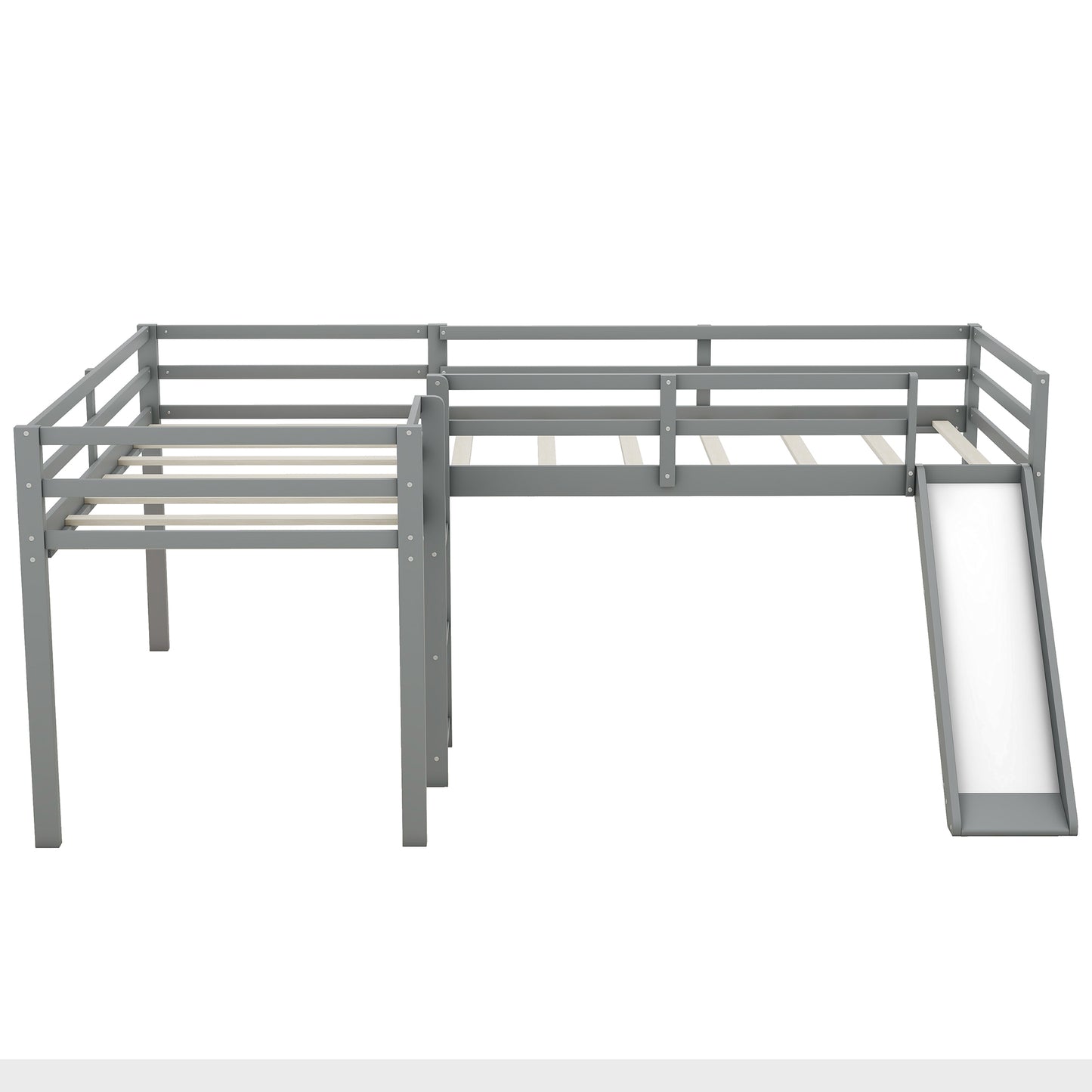 L-Shaped Twin Size Loft Bed with Ladder and Slide in Gray, Solid Pine Wood and MDF