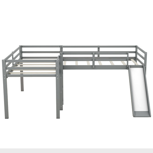 L-Shaped Twin Size Loft Bed with Ladder and Slide in Gray, Solid Pine Wood and MDF