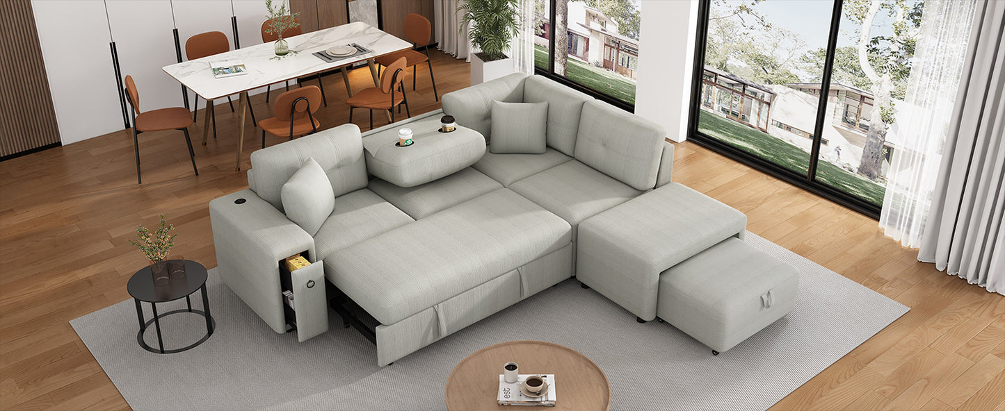 86.6" Sectional Sofa L-shaped Sofa Couch Pull-out Sofa Bed with a Movable Ottoman, Two USB Ports and Two Cup Holders for Living Room, Gray