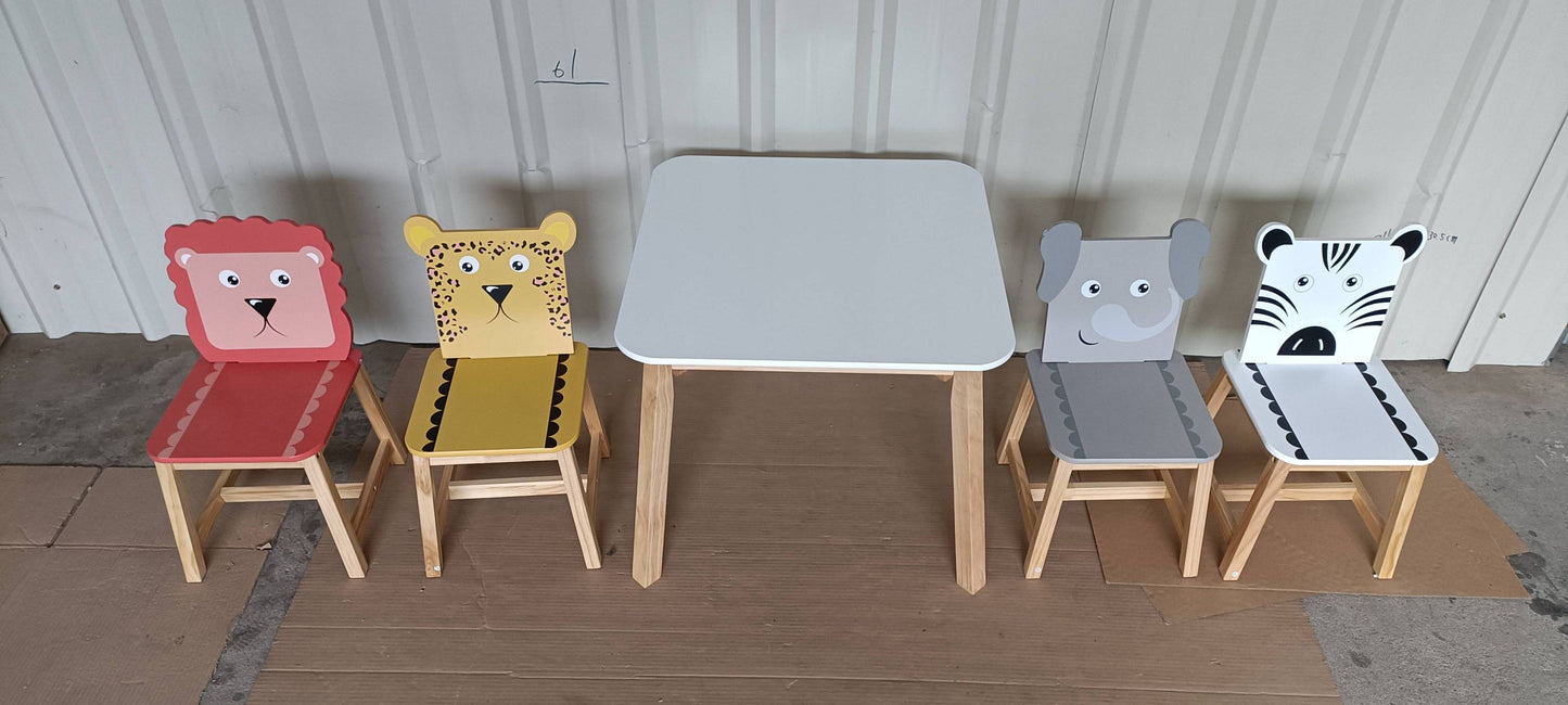 5 Piece Kiddy Table and Chair Set , Kids Wood Table with 4 Chairs Set Cartoon Animals (bigger table) (3-8 years old)