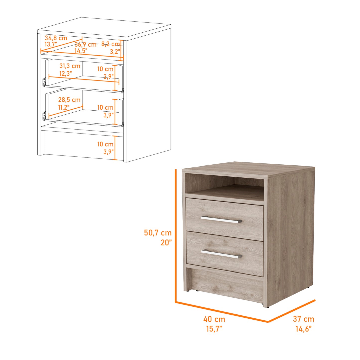 Philadelphia Nightstand, Two Drawers, Concealed Shelf