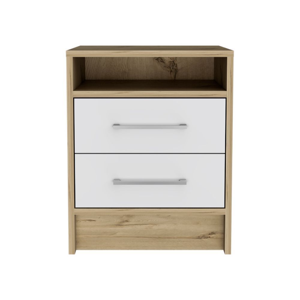 Eter Nightstand , End Table, Side Table Superior Top, Two Drawers -White / Light Oak