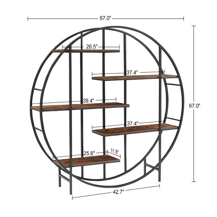 Round 5-Tier Metal Plant Stand bookcase storage rack, Indoor Living Room Terrace Garden Balcony Display Stand. Rustic Brown, 67'' W x 11.8'' D x 67'' H.