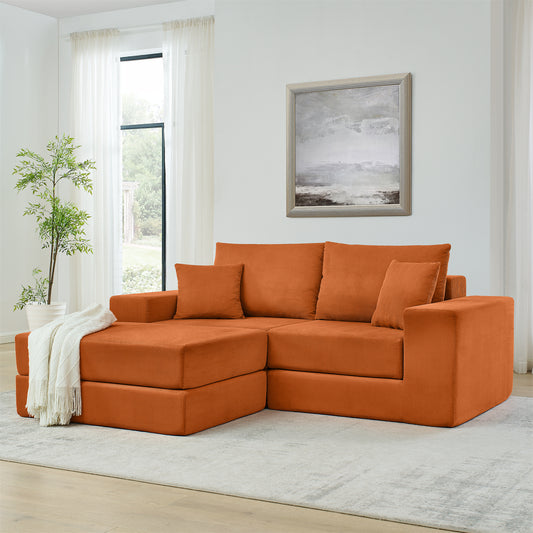Modular Cloud Sectional Couch, Modern Upholstered L-Shaped Sofa with Removable Ottoman, Deep Seat Sleeper Couch with Throw Pillows for Living Room, Apartment, Small Space,  Orange
