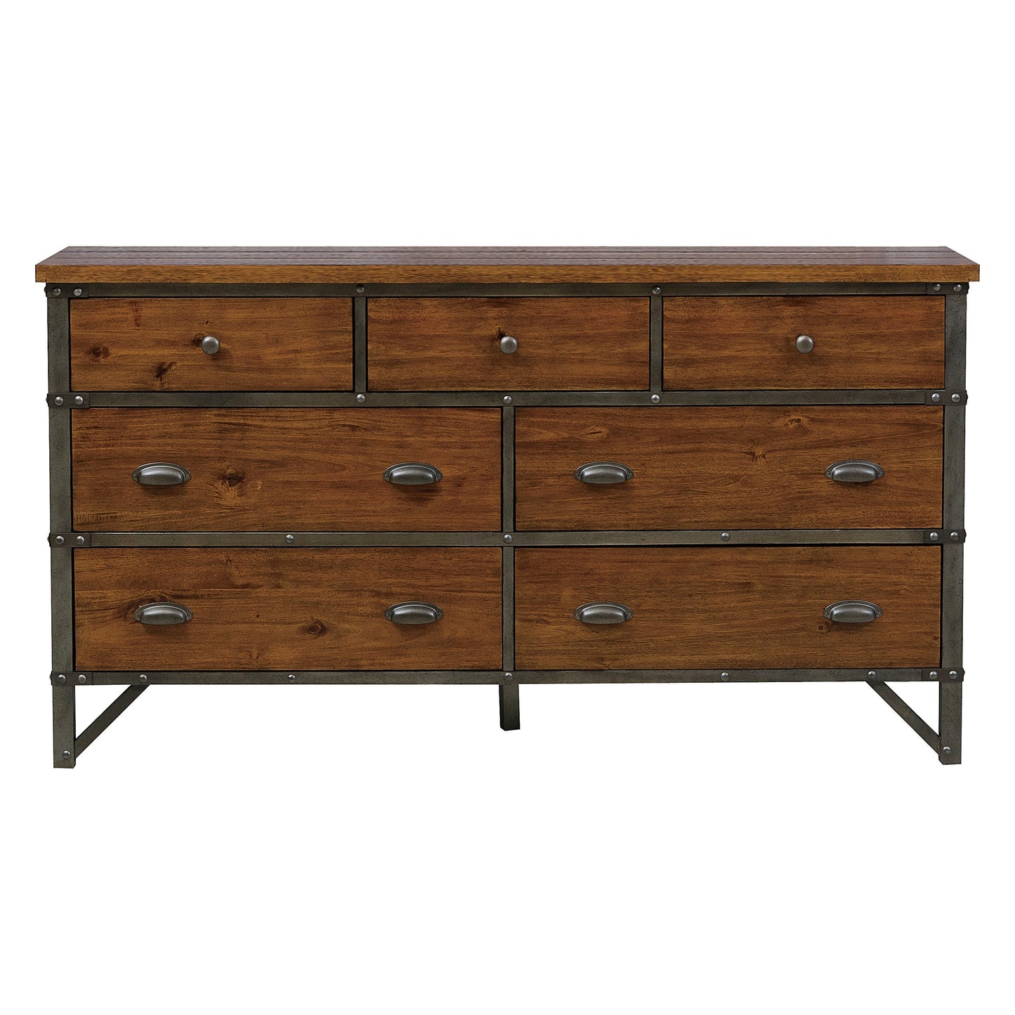 Industrial Design Bedroom Furniture 1pc Dresser of 7 Drawers Rustic Brown and Gunmetal Finish Wooden Furniture