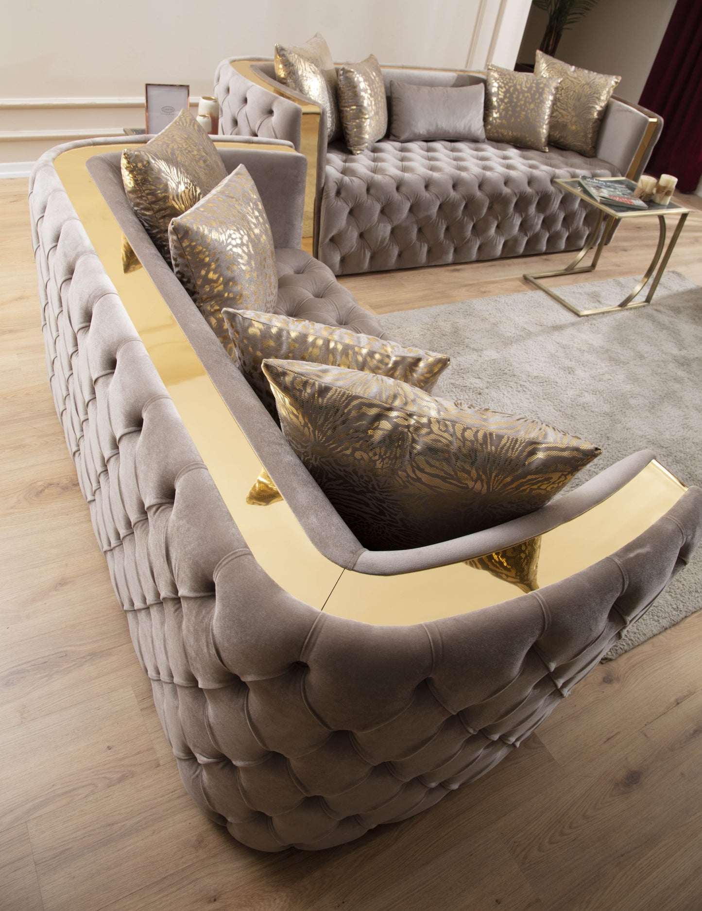 Button Tufted Sofa with Velvet Fabric and Gold Accent in Taupe