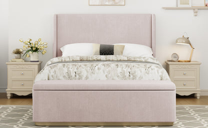 King Size Corduroy Upholstered Bed Frame with 130L Storage Ottoman, and Vertical Stripe Wingback Headboard and High Footboard, Pink