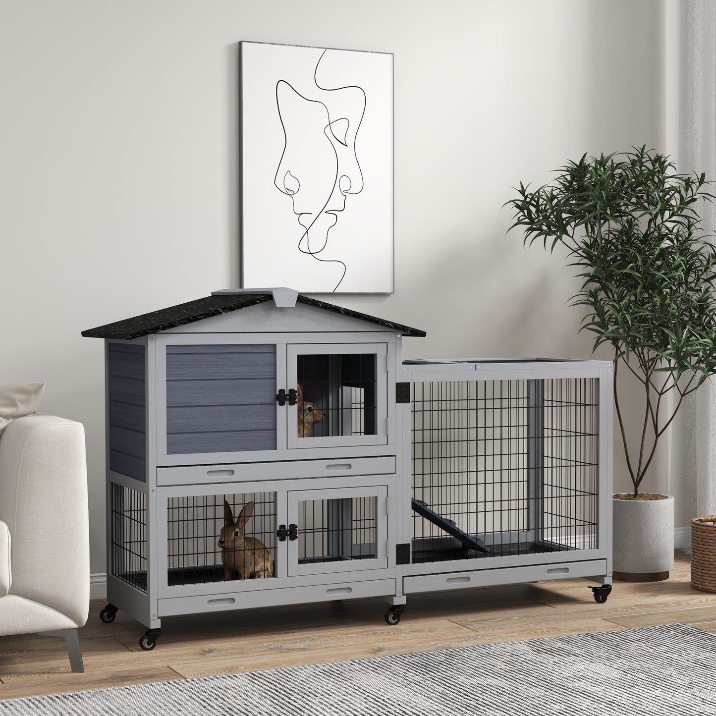 PawHut Rabbit Hutch 2-Story Bunny Cage Small Animal House with Slide Out Tray, Wheels, for Indoor Outdoor, 59.8" x 20.9" x 39.2", Gray