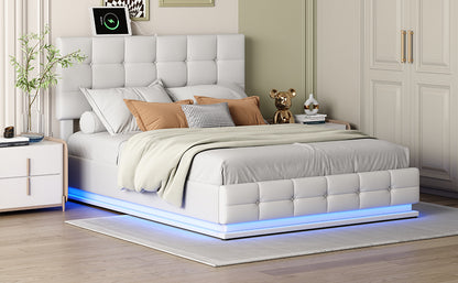 Tufted Upholstered Platform Bed with Hydraulic Storage System,Queen Size PU Storage Bed with LED Lights and USB charger, White