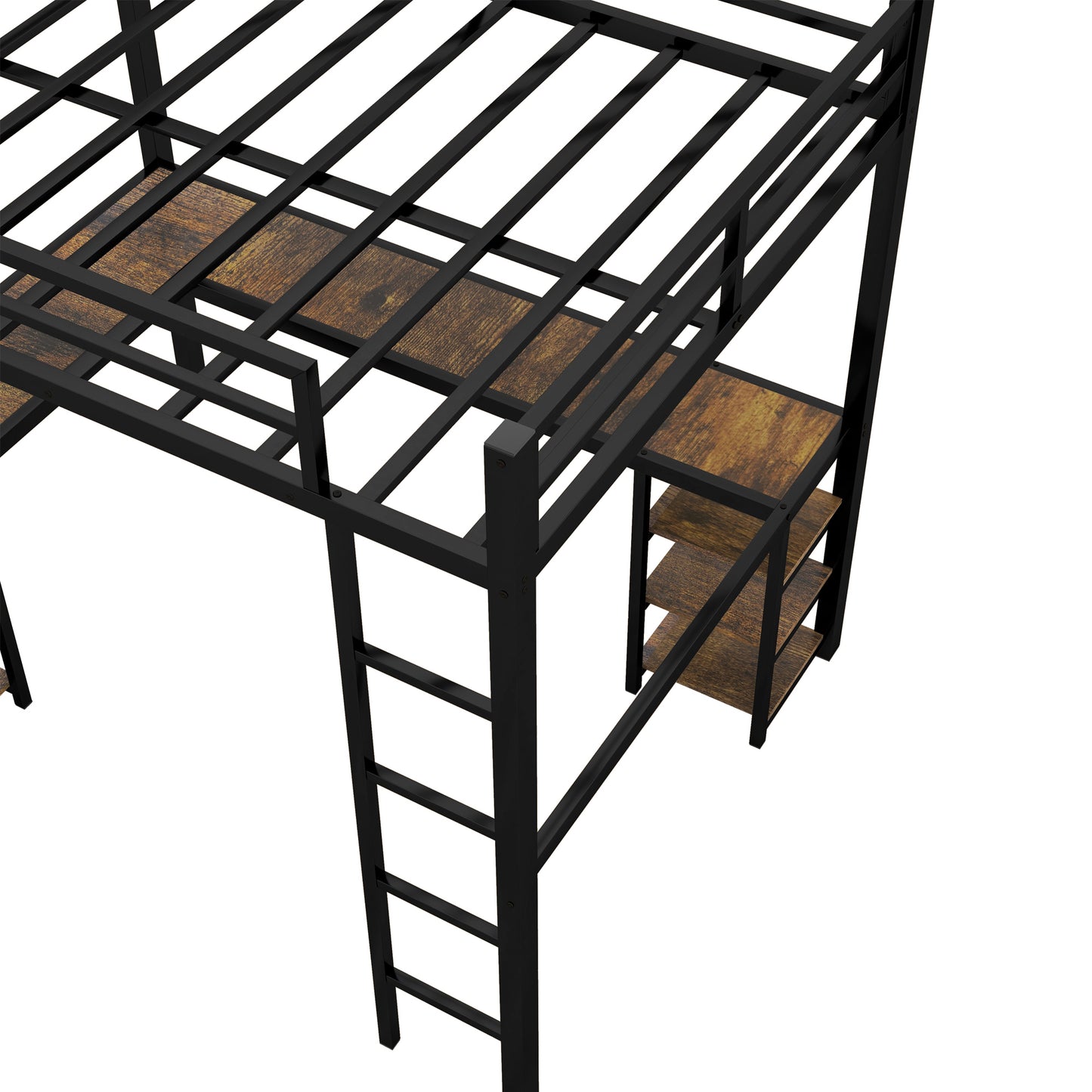 Full Metal Loft Bed with Desk and Shelves, Loft Bed with Ladder and Guardrails, Loft Bed Frame for Bedroom, Black with Vintage wood-colored desk(Old SKU: W1307S00022)