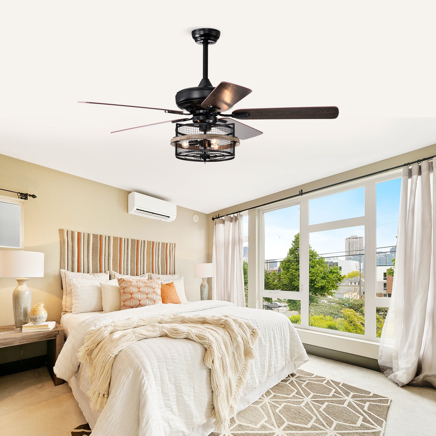 52 Inch Farmhouse Ceiling Fan with  Remote,3-Lights Ceiling Fan with  Light Fixture (No include Bulbs), Ceiling Fan for Patio,Living room,Bedroom --Black Matte+Wood Grain