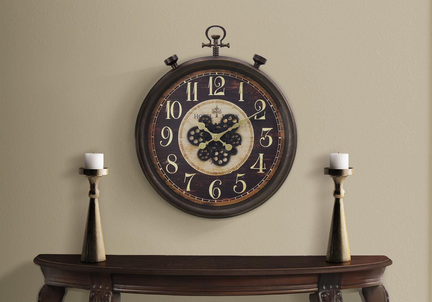 Clocks, 24' Round, Gear Mechanism, Wall Clock, Brown, Traditional