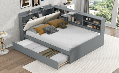 Wood Full Size platform bed with Trundle, Shelves and Storage Headboard, Gray