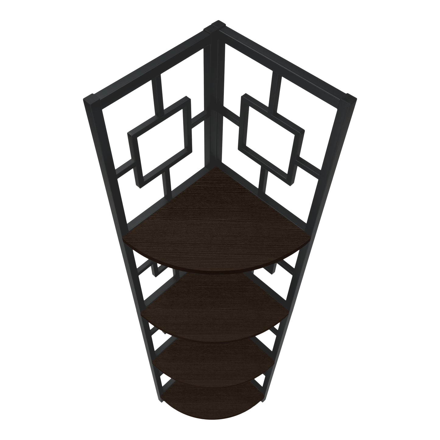 Bookshelf, Bookcase, Etagere, Corner, 4 Tier, 62"h, Office, Bedroom, Brown Laminate, Black Metal, Contemporary, Modern