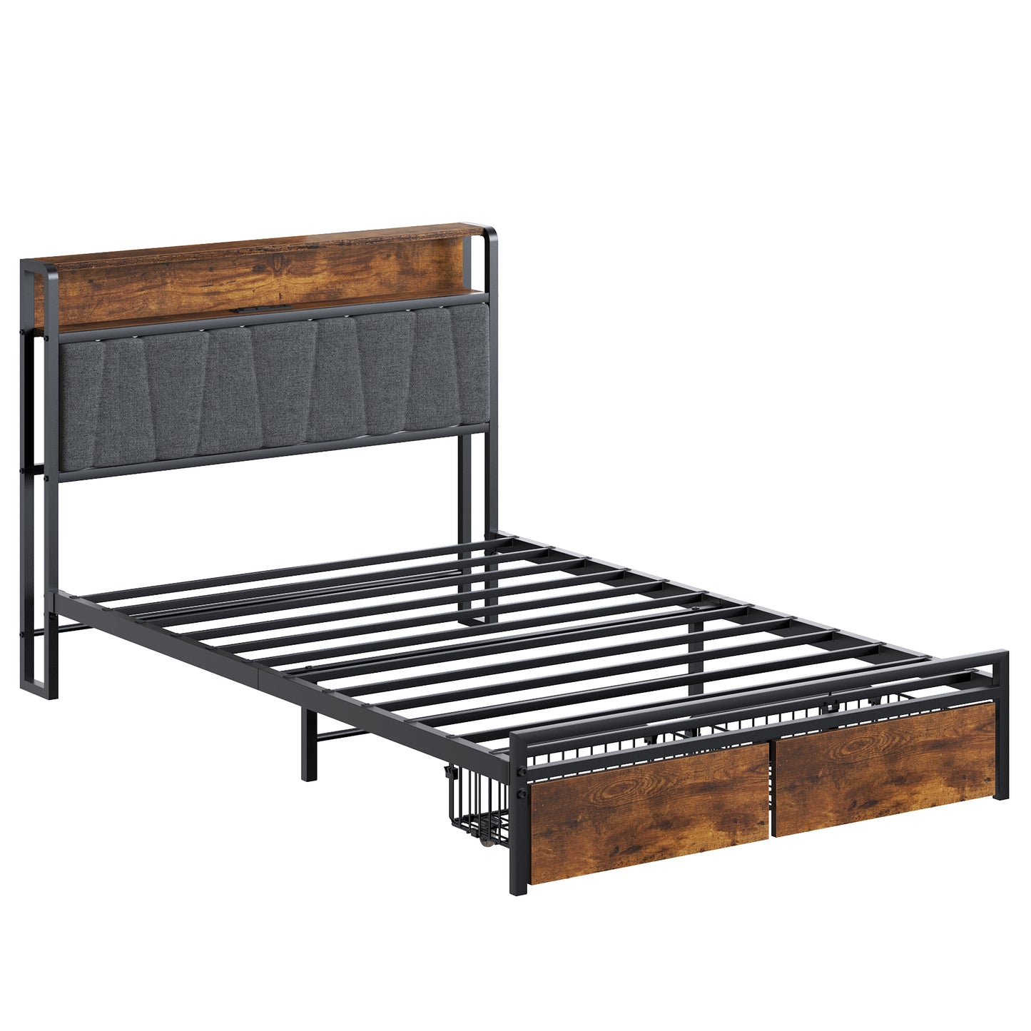 Twin Size Bed Frame Upholstered Platform Bed Frame with Storage Drawers, USB Ports, LED Lights, Upholstered Wingback Headboard, Rustic Brown