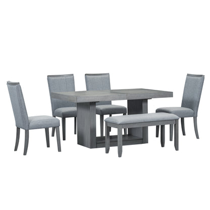 TOPMAX Contemporary 6-Piece 78inch Extendable Pedestal Dining Table Set with 18inch Removable Leaf and Dining Bench, 4 Upholstered Dining Chairs, Gray