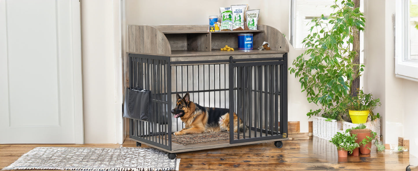 GO 44'' Heavy Duty Large Dog Crate Furniture for Large Medium Dog with Lockable Wheels, Wooden Dog Crate Dog Kennel, End Table Crate with Double layer storage, Gray