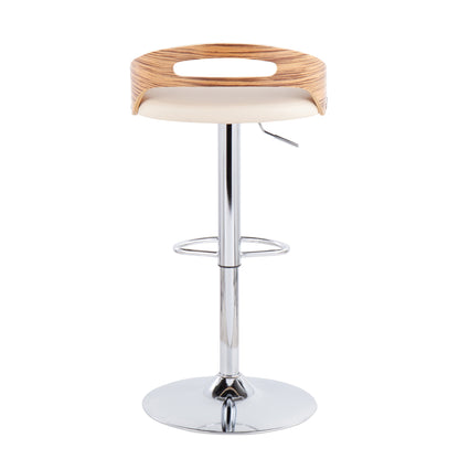 Cassis Mid-Century Modern Adjustable Barstool with Swivel in Zebra Wood and Cream Faux Leather by LumiSource