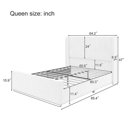 Queen Size Corduroy Upholstered Bed Frame with 130L Storage Ottoman, and Vertical Stripe Wingback Headboard and High Footboard, Pink