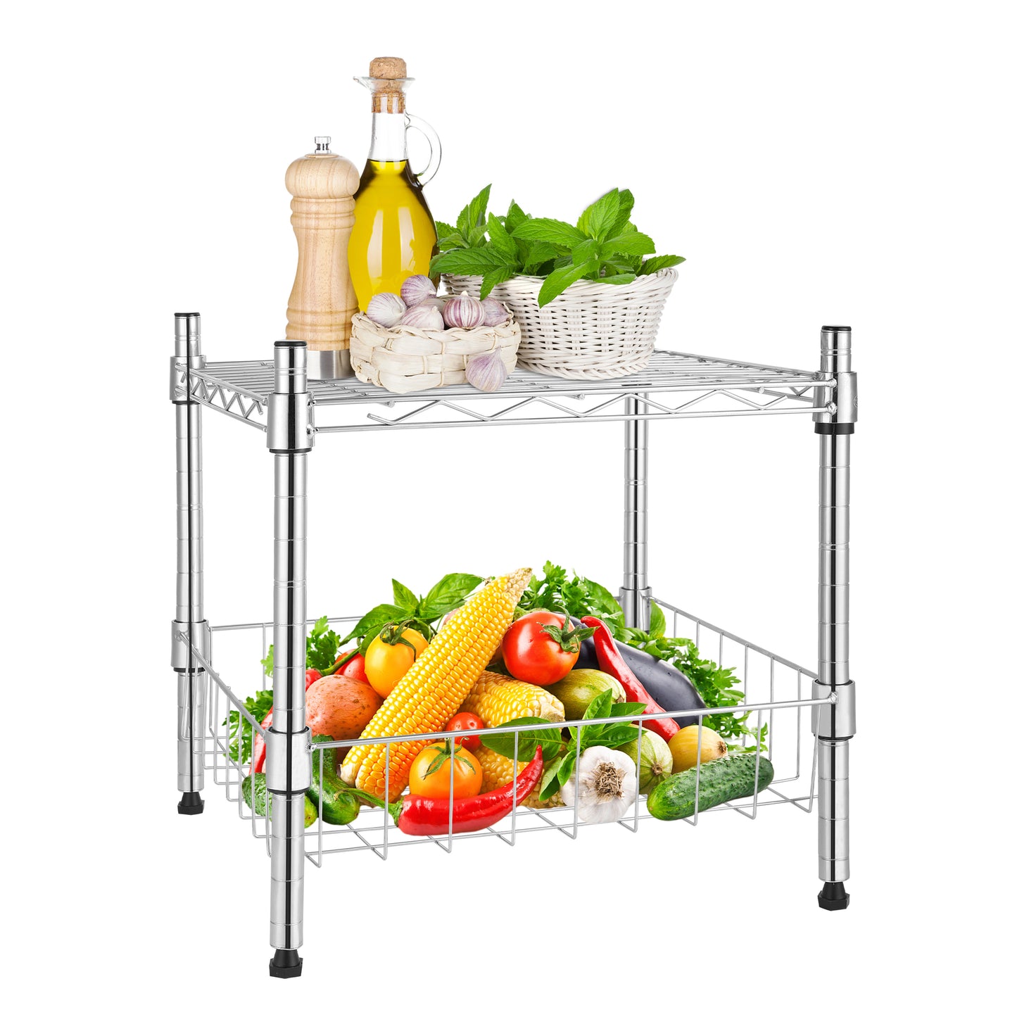 Heavy Duty Shelving Unit, Wire Metal Stackable Storage, 1-Tier Shelf, with Basket, Chrome, 15" W x 13.8" D x 15" H