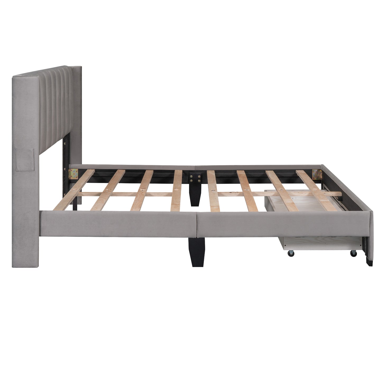 Queen Size Storage Bed Velvet Upholstered Platform Bed with a Big Drawer - Gray