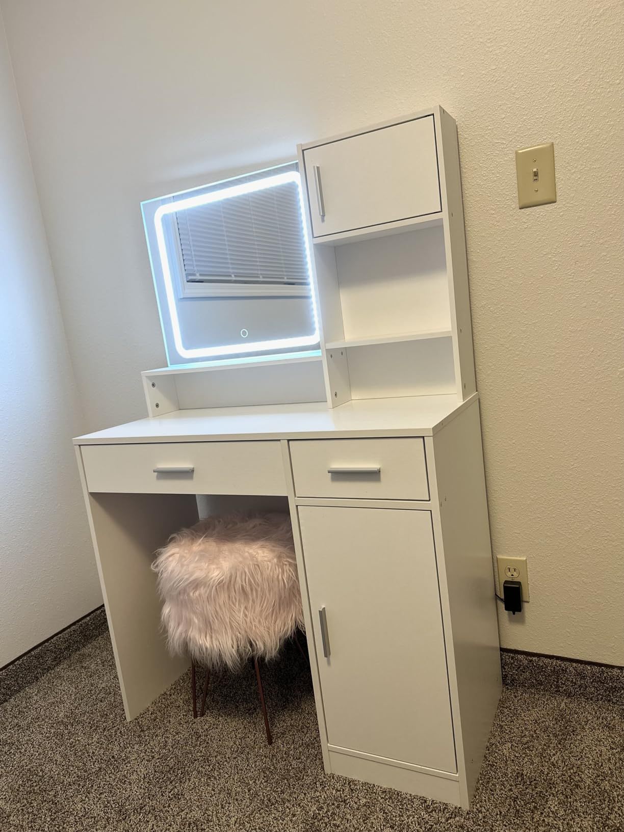 Vanity Desk with Mirror and LED Light Strip,Dressing Table with Large Drawer, 3 Level Storage Dresser & 3 Lighting Modes Adjustable Brightness, Suitable for Bedroom(White)