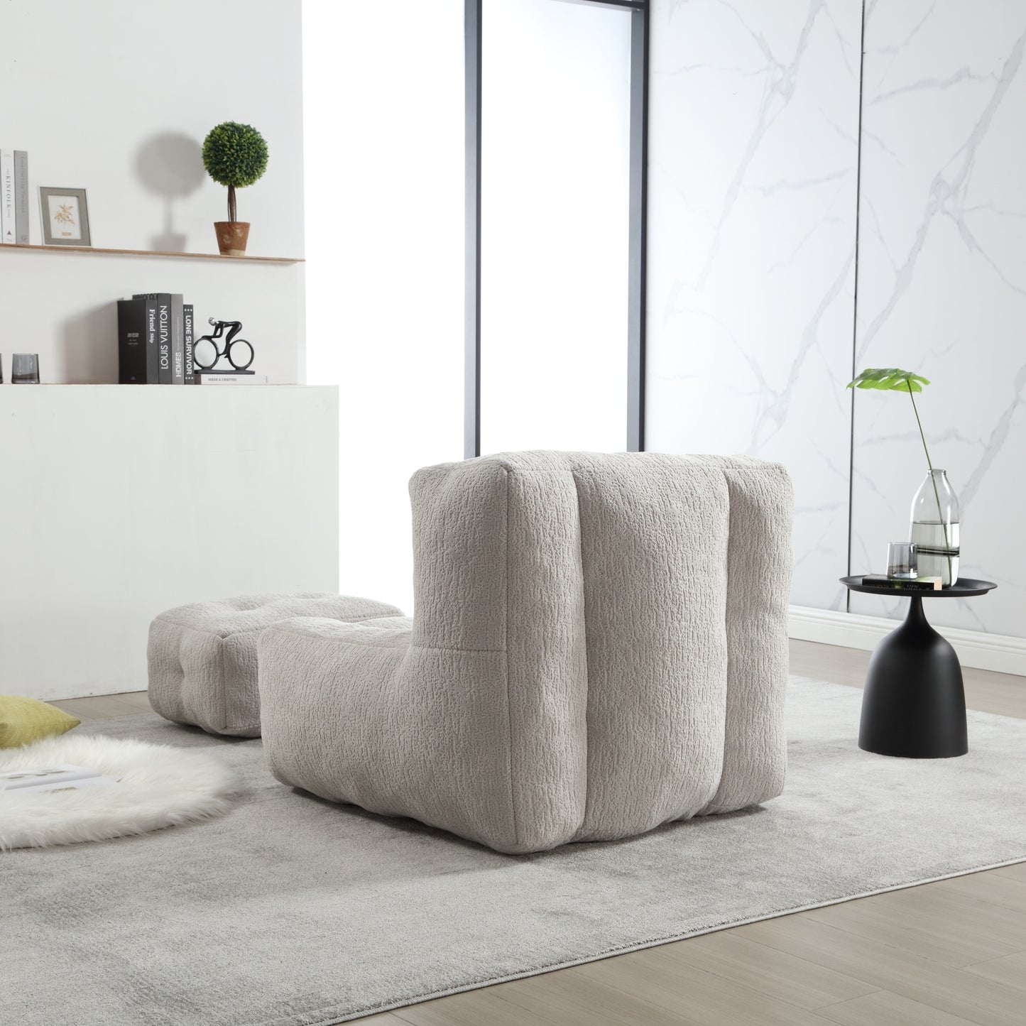 Fluffy bean bag chair, comfortable bean bag for adults and children, super soft lazy sofa chair with memory foam and ottoman, indoor modern focus bean bag chair for living room, bedroom, apartment