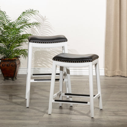 30" Bar Stool, White Finish, Black Leather Seat