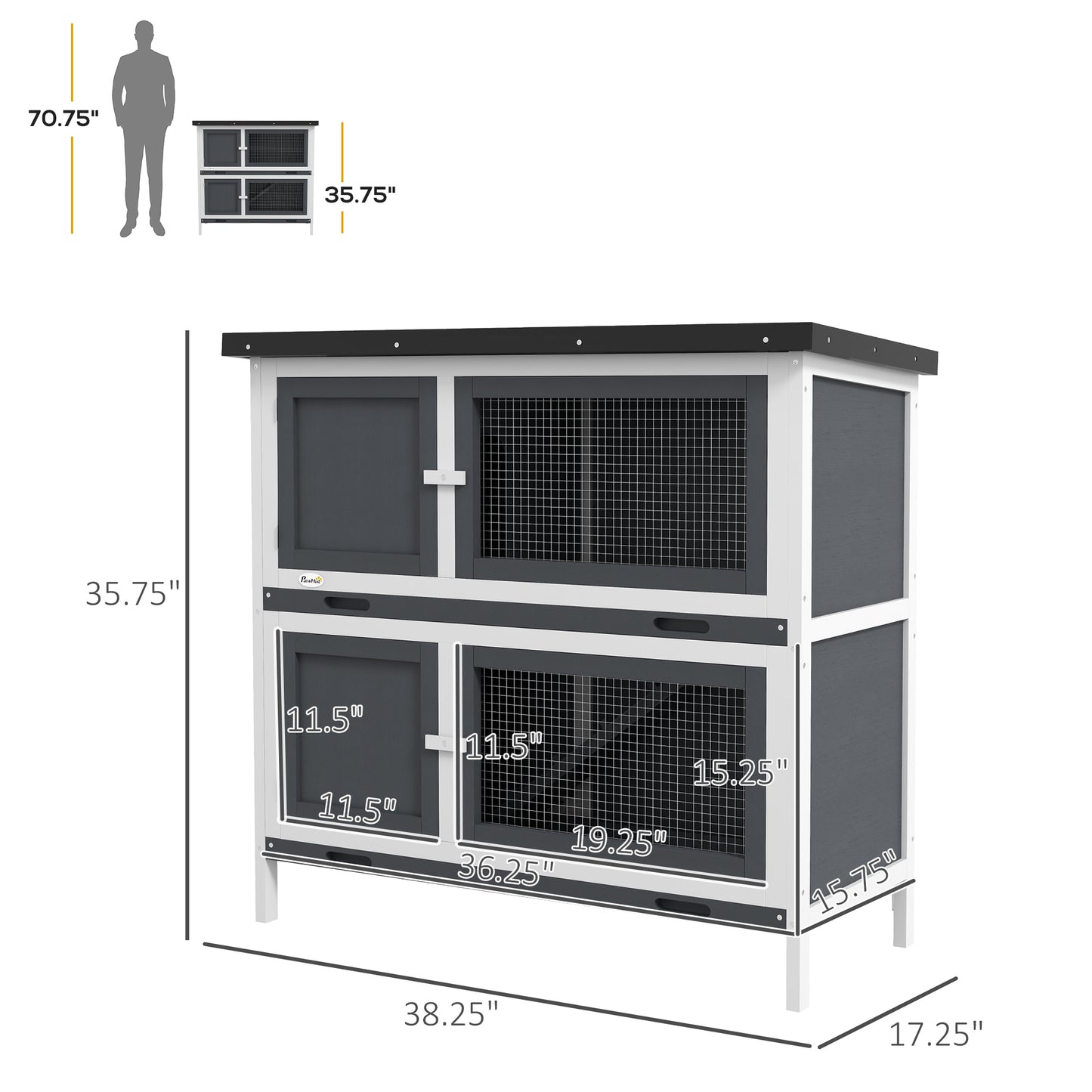 PawHut Wooden Bunny Rabbit Hutch, Small Animal Habitat with Ramp, Removable Tray & Weatherproof Roof, Indoor/Outdoor, Gray