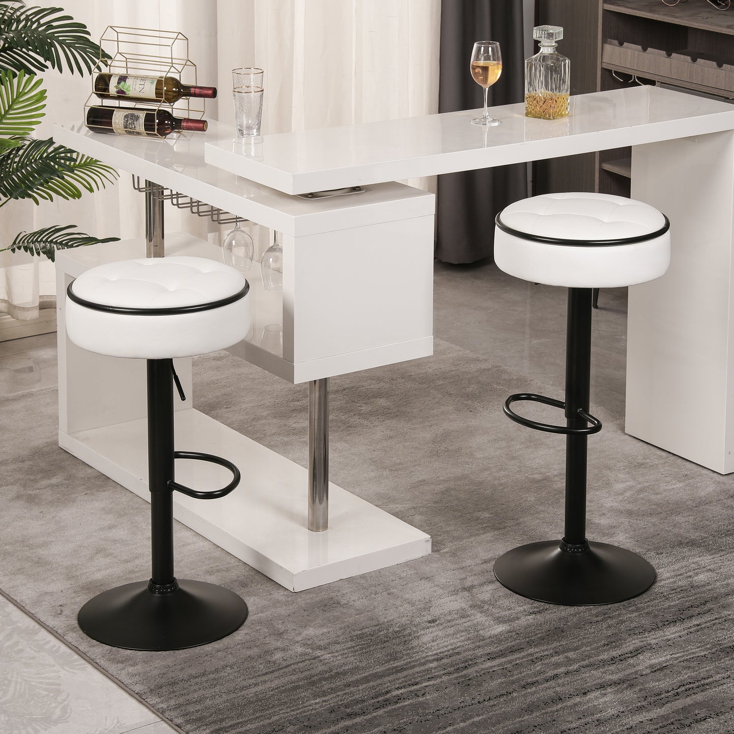 Round Storage Bar Stool Set of 2, White Faux Leather Height Adjustable Barstool, 360°Counter Height Swivel Stool, Armless Bar Chair with Metal Frame for Kitchen Counter Dining Living Room