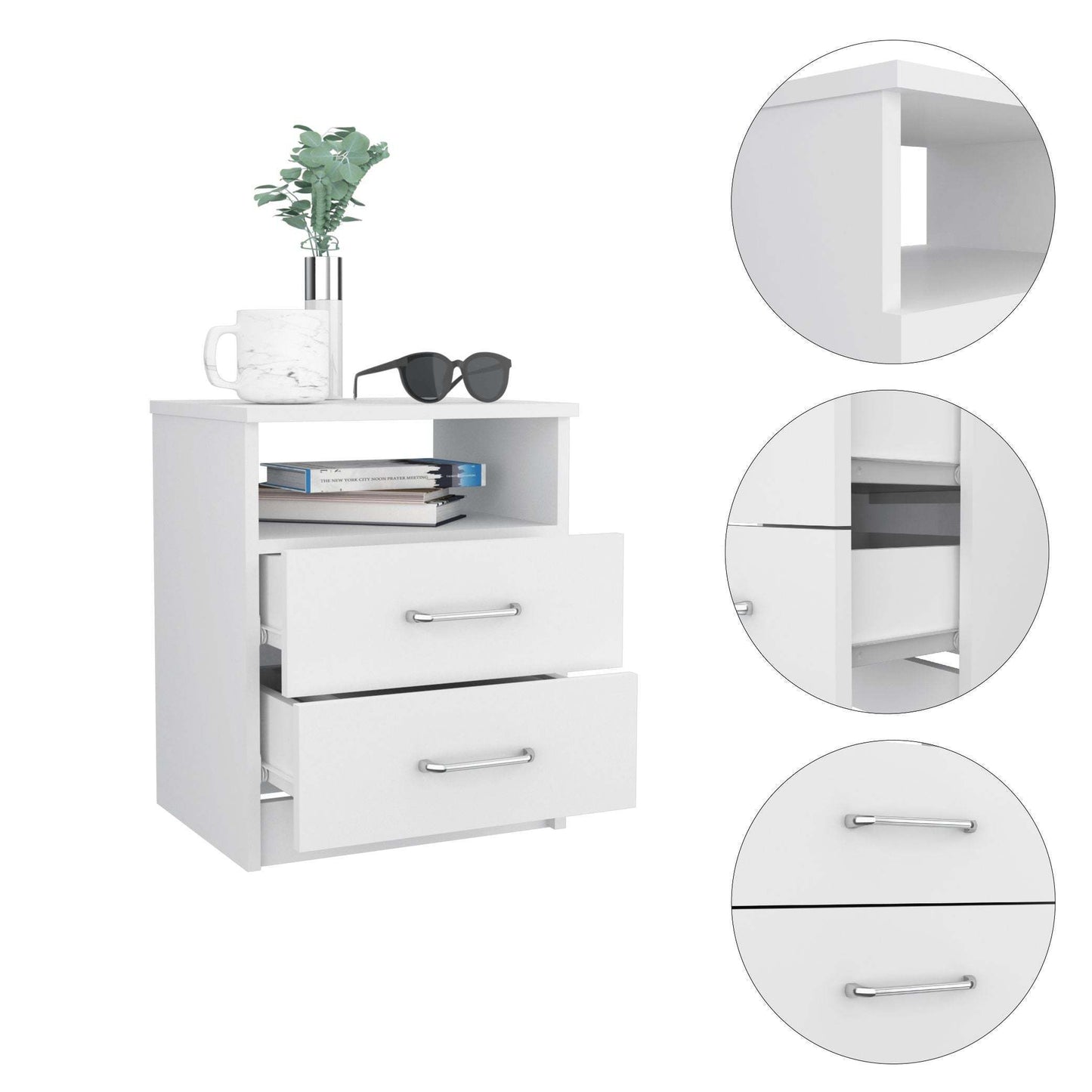 Napoles Nightstand , End Table, Side Table Superior Top, Two Drawers, One Shelf -White