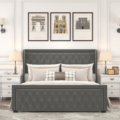 Queen Platform Bed Frame With High headboard, Velvet Upholstered Bed with Deep Tufted Buttons, Adjustable Colorful LED Light Decorative Headboard, Wide Wingbacks,GREY