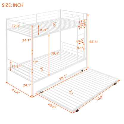 Twin-Over-Twin Metal Bunk Bed With Trundle,Can be Divided into two beds,No Box Spring needed ,White ( old sku: MF194806AAK )