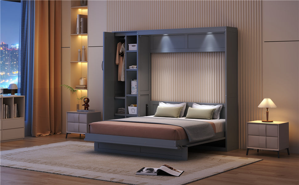 Queen Size Murphy Bed Wall Bed with Shelves, Wardrobe and LED Lights,Gray