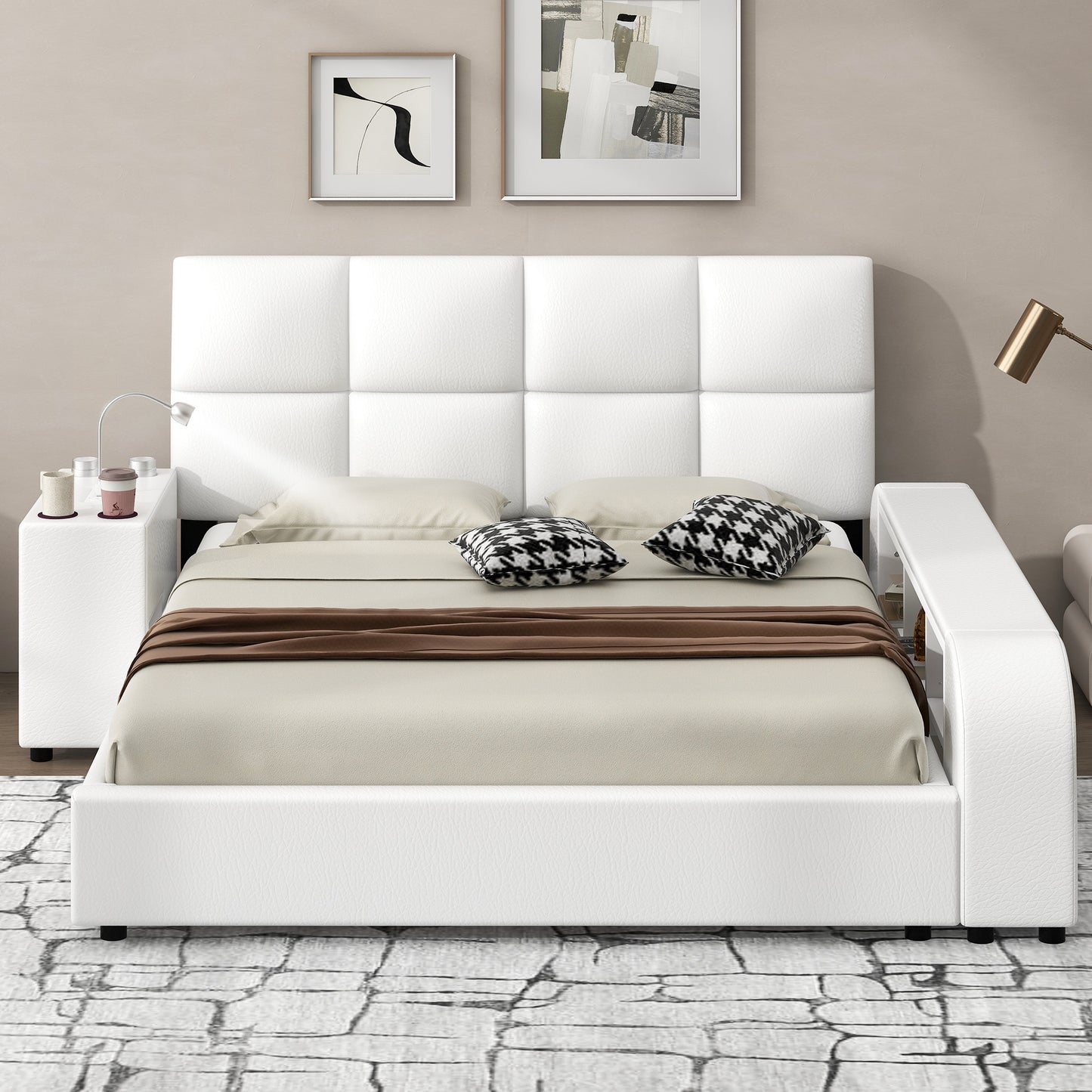 Queen Size Upholstered Platform Bed with Multimedia Nightstand and Storage Shelves, White