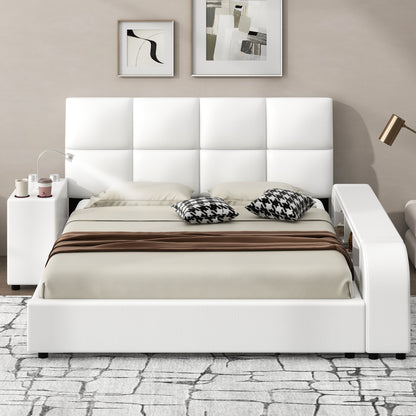 Queen Size Upholstered Platform Bed with Multimedia Nightstand and Storage Shelves, White