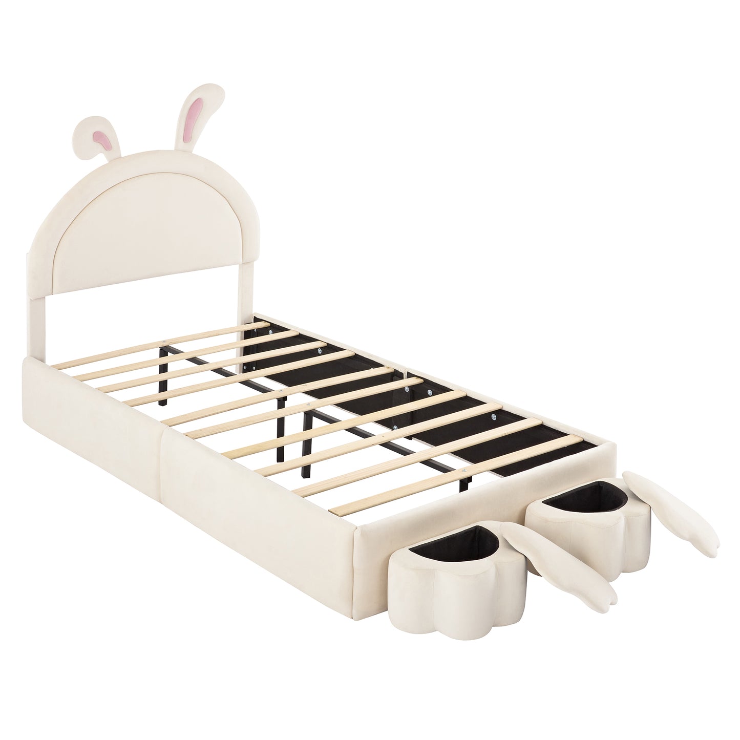 Twin size Upholstered Rabbit-Shape Bed with 2 Storage Stools, Velvet Platform Bed with Cartoon Ears Shaped Headboard, White