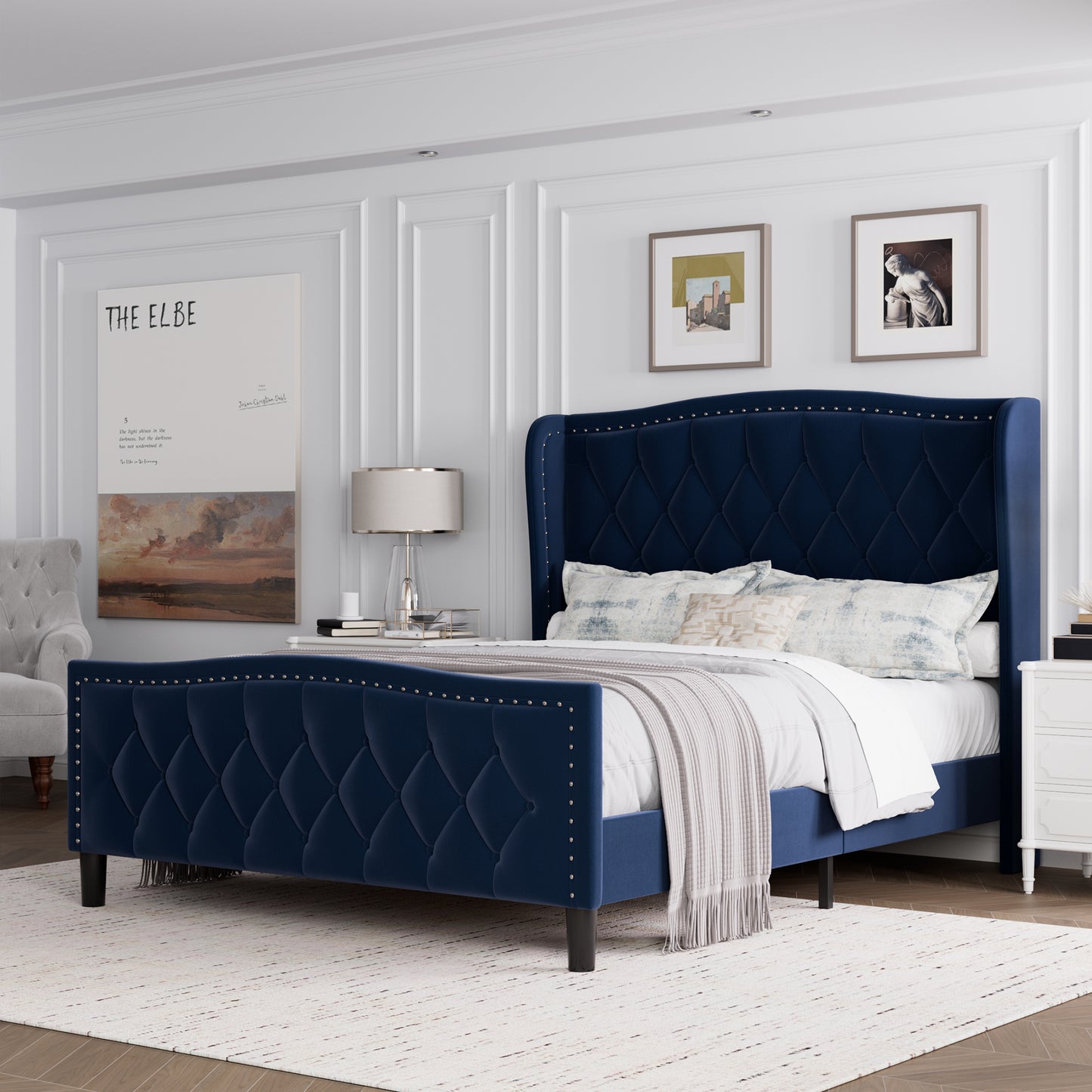 Queen Size Bed Frame, Modern Upholstered Platform Bed with Wingback Headboard, Velvet Bed Frame with Wood Slat Support, Easy Assembly, No Box Spring Needed(Blue, Queen)