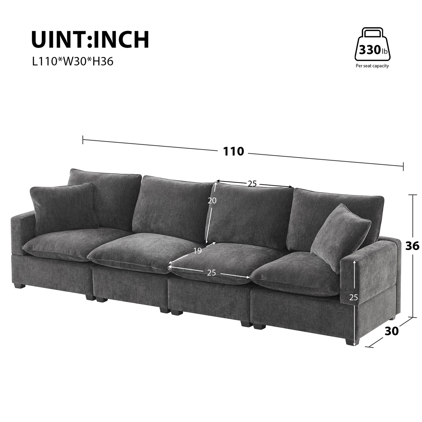 110*29" Modern Modular Sofa, 4 Seat Chenille Sectional Couch Set with 2 Pillows Included, Freely Combinable Indoor Funiture for Living Room, Apartment, Office, 2 Colors