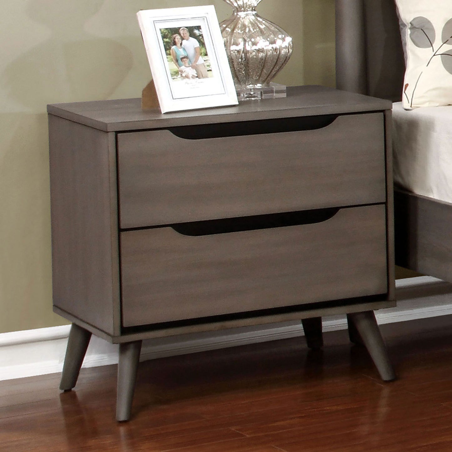 Mid-Century Modern Gray Color 1pc Nightstand Bedroom Furniture Solid wood Round Tapered Legs 2-Drawers Bedside Table